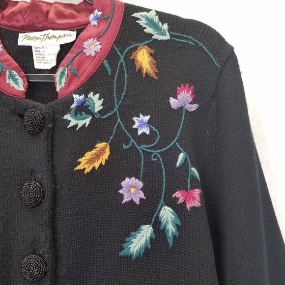 VTG Norm Thompson Wool Cardigan Sweater XL Black Satin Collar Floral Embroidery - Picture 4 of 14